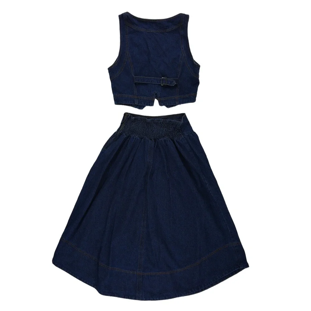 NEW Forte Denim Jean Skirt Vest Top Set Womens Size Medium Blue 100% Cotton Midi
